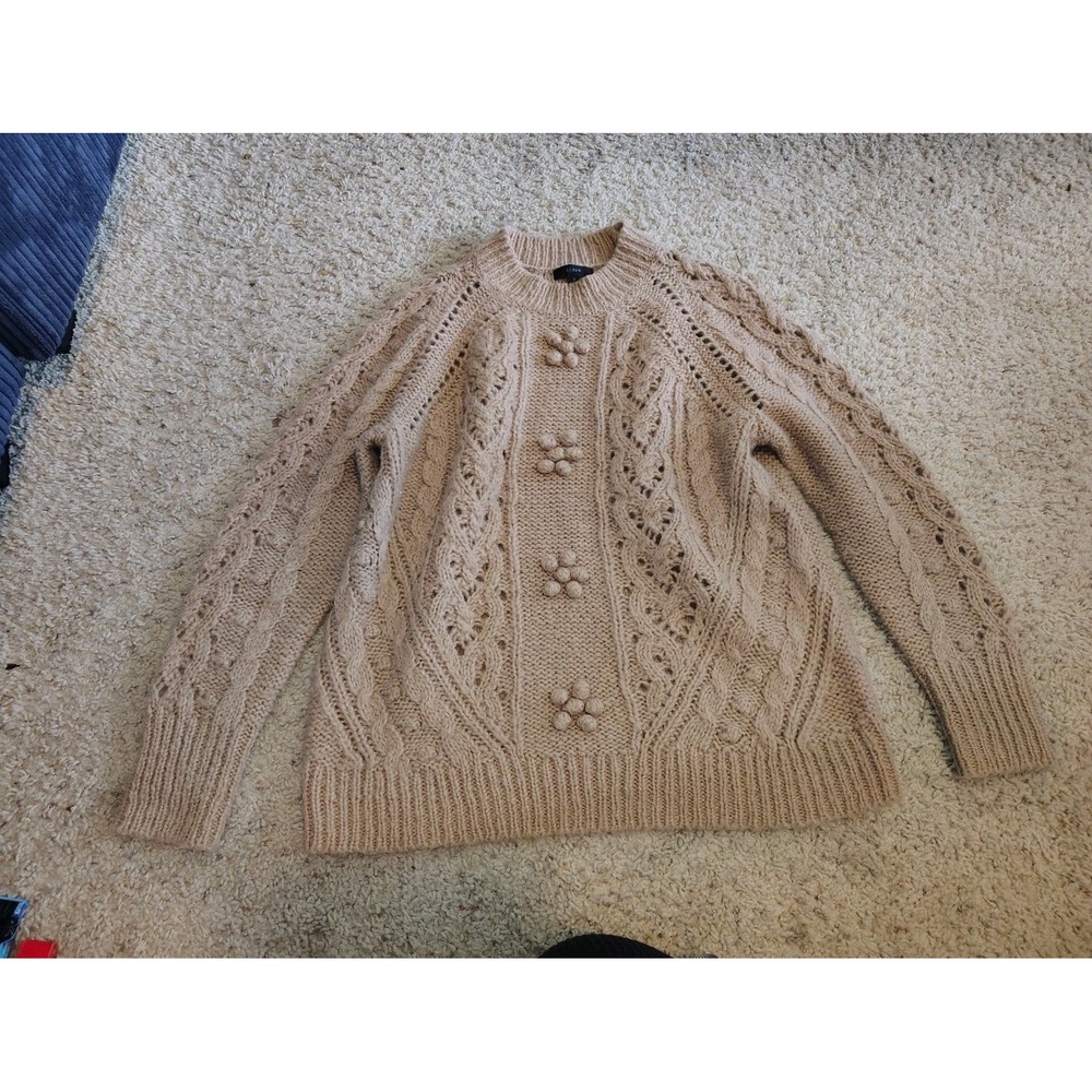 J Crew Pointelle Cable Knit Popcorn Sweater Alpaca Wool Tan Cozy Women's S Small